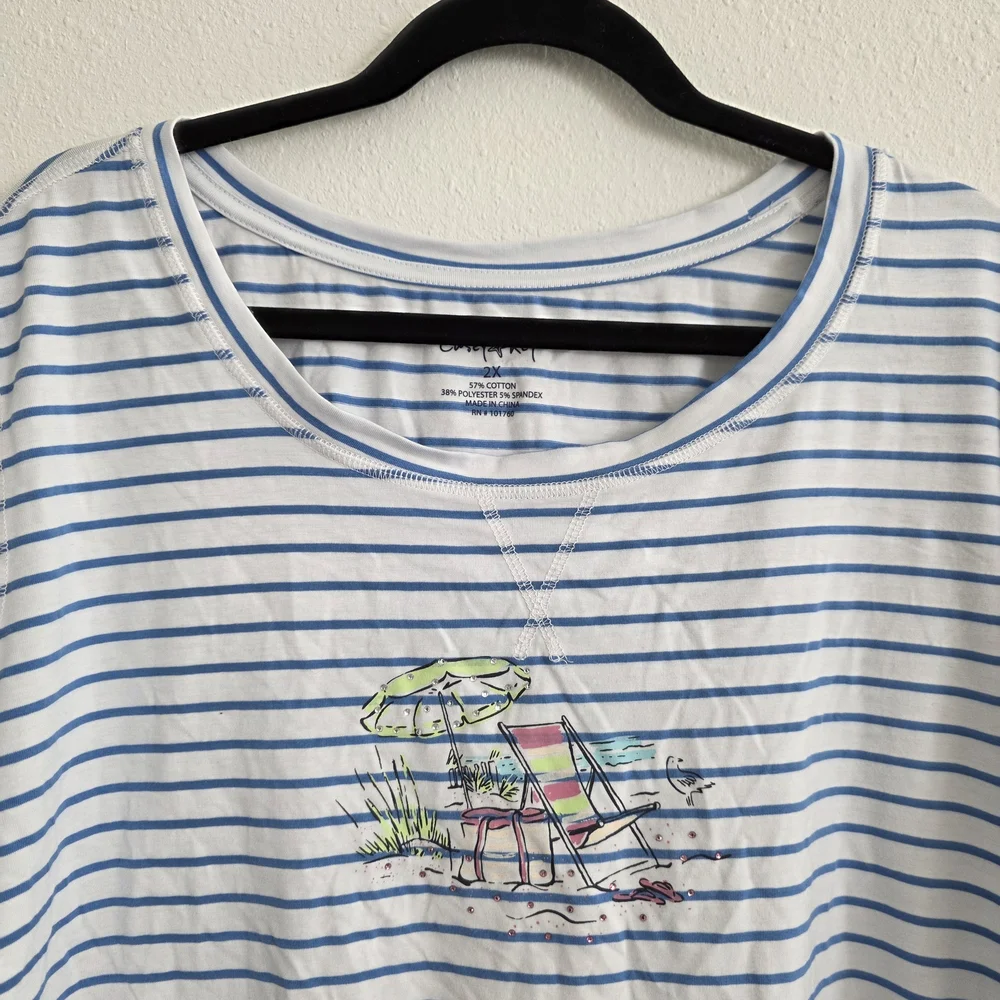 Casey Key Blue & White Striped Top with Beach Graphic 3/4 Sleeve - Picture 2 of 6